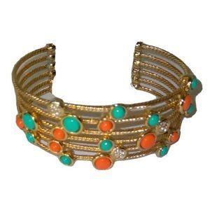 Gold Tone 6 Layer Roped Cuff Bracelet Multi-color Settings W Rhinestones